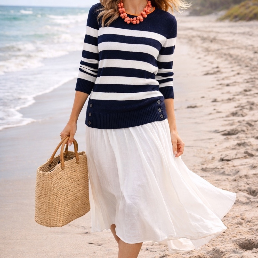Talbots Breton Stripe Sweater L Navy White Cotton Coolmax Button Side Coastal